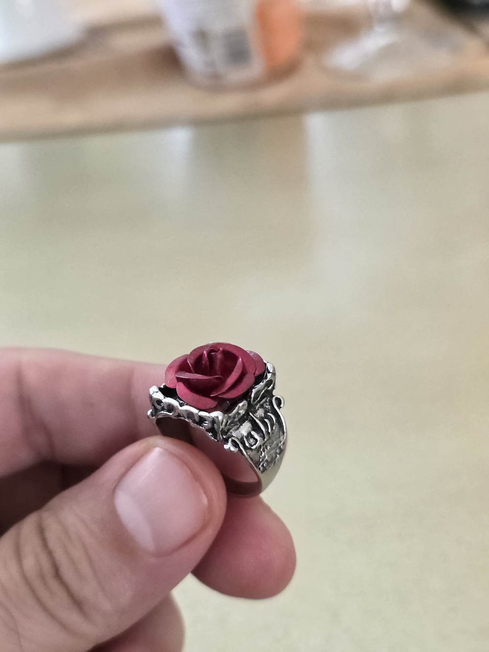 Silver Ring with Red Rose Accent